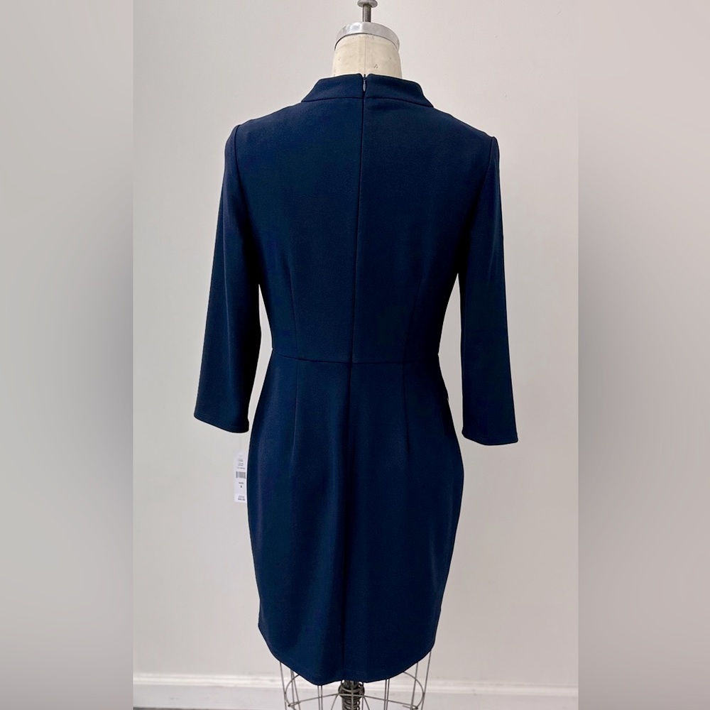 NWT Glamour Navy Tipped Scuba Crepe Ruffle Neck Sheath - Picture 4 of 7